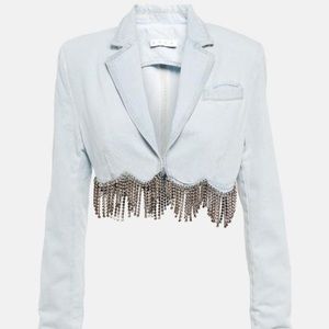 Area Scalloped Crystal Diamond Cropped Denim Jacket